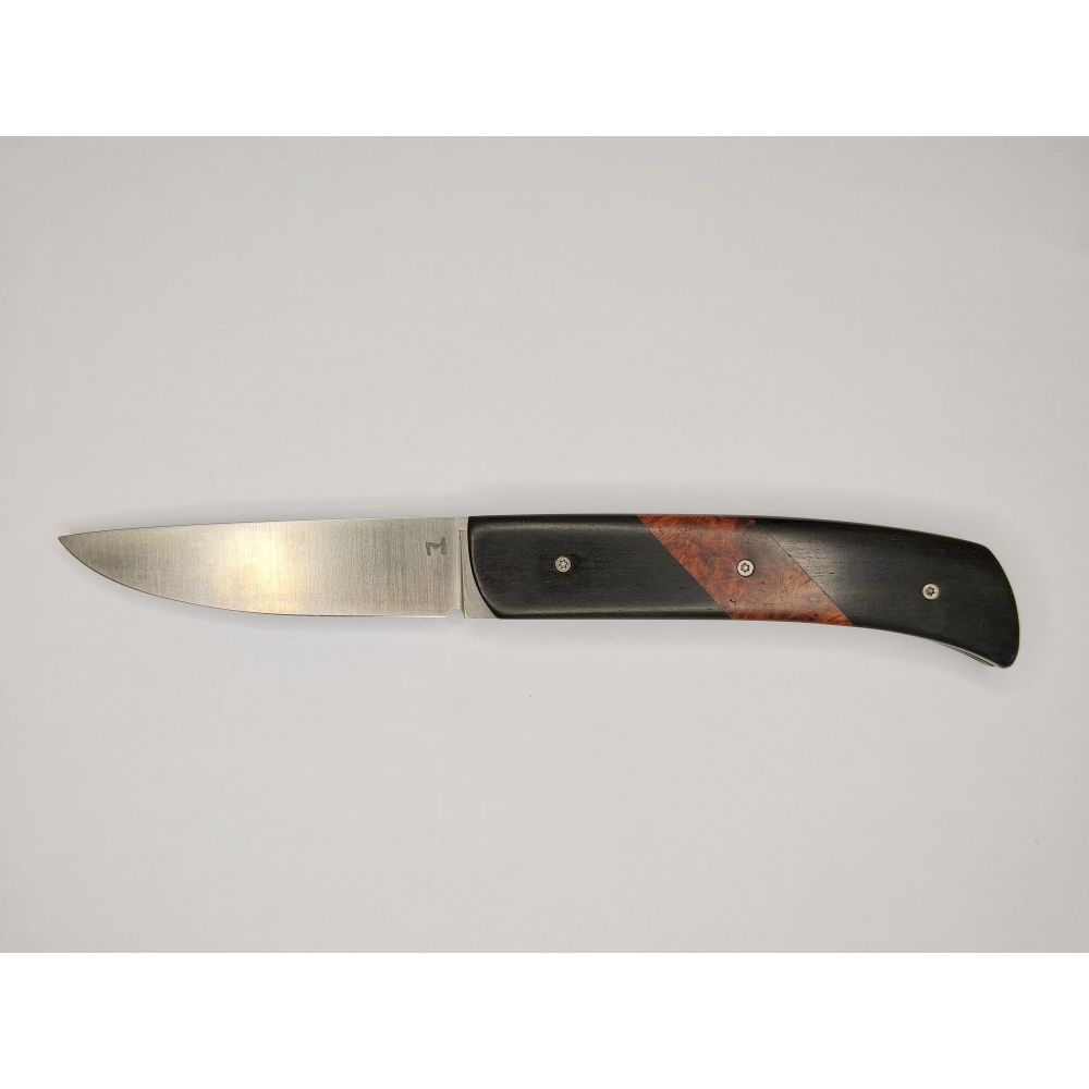 Couteau pliant liner lock avec lame en acier 14c28n et manche en bois d'ébène et loupe d'amboine